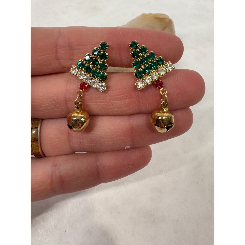Christmas Tree Rhinestone Jingle Bell Dangle Earrings Gold Tone Holiday Green